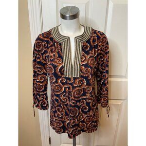 Tory Burch Blue Tunic Top W/ Brown Swirl Print, Size M